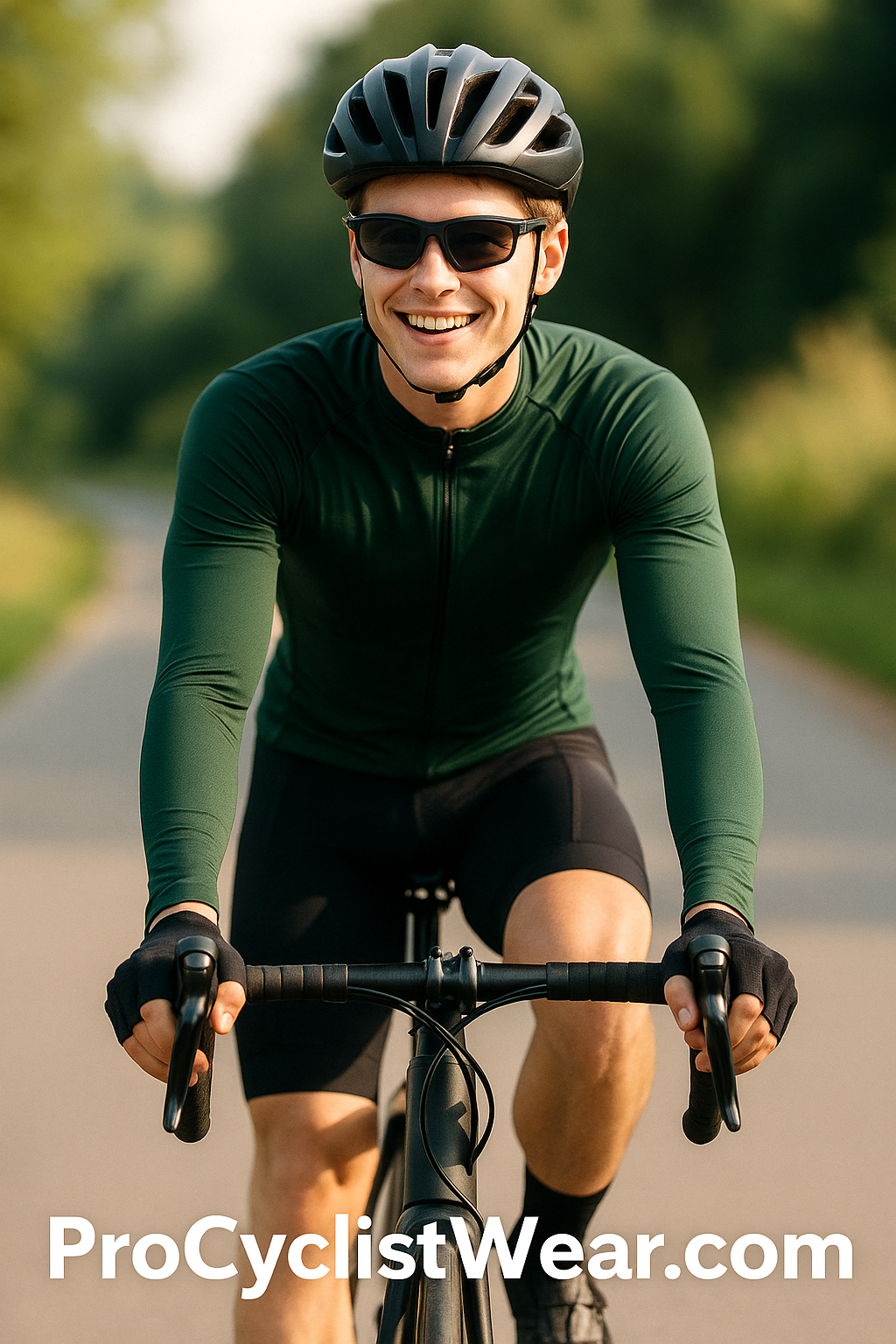 "Athletic young boy cycling outdoors in a non-red, non-blue long sleeve summer cycling jersey with ProCyclistWear logo at the bottom."